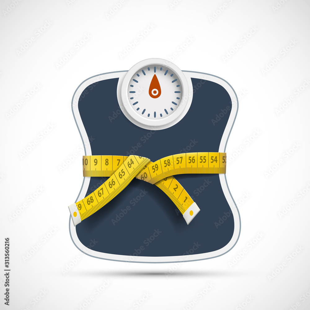 Weighing scales with measuring tape. Weight loss concept - obrazy, fototapety, plakaty 
