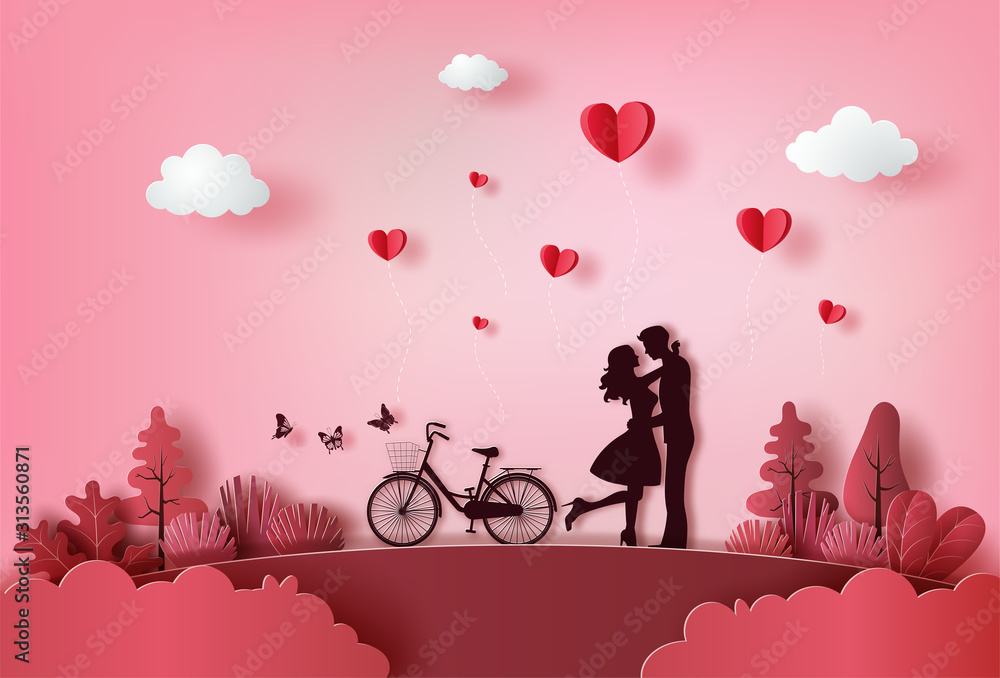 Cute couple in love hugging with many hearts floating. - obrazy, fototapety, plakaty 