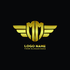 Wall Mural - initial letter MM shield logo with wing vector illustration, gold color