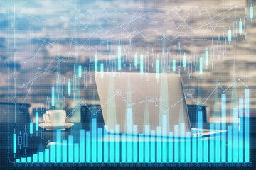 Multi exposure of graph and financial info and work space with computer background. Concept of international online trading.