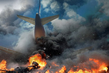 Plane Crash, Plane On Fire And Smoke. Fear Of Air Travel Concept