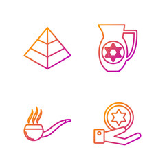 Sticker - Set line Jewish coin on hand, Smoking pipe with smoke, Egypt pyramids and Decanter with star of david. Gradient color icons. Vector