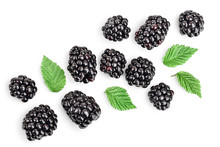 Fresh Blackberry With Leaves Isolated On White Background. Top View. Flat Lay Pattern