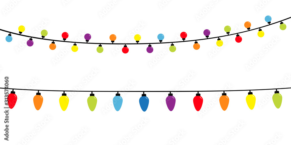 Christmas lights. Holiday festive xmas decoration. Lightbulb glowing garland. Colorful string fairy light set. Rainbow color. Flat design. White background. Isolated. - obrazy, fototapety, plakaty 