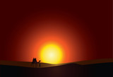 Fototapeta Konie - illustration. A lone traveler in the desert.with camel and evening sunlight