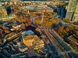© udmurd - Beautiful panoramic aerial drone view to the demolition of 'Czarny Kot' (Black Kat) - the most famous illegal building contract in Warsaw, Poland - in amazing winter January sunset