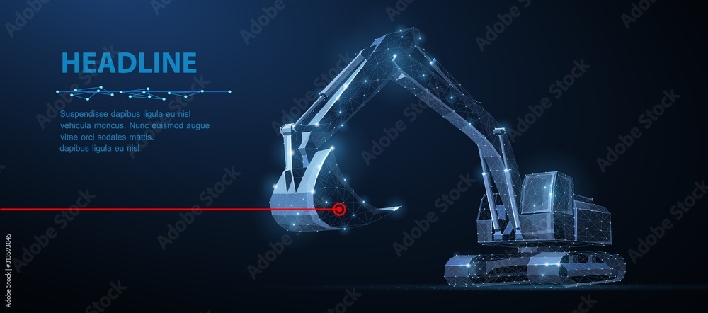 Excavator. Abstract vector 3d excavator isolated on blue background. - obrazy, fototapety, plakaty 