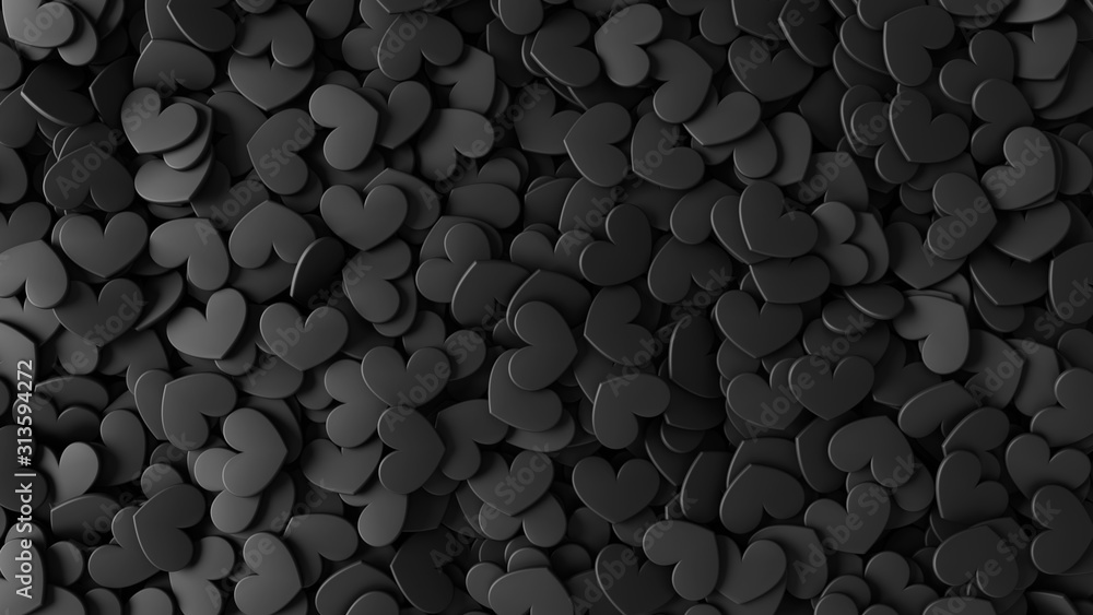 Heap from many small black hearts. Valentine day design concept. Love background. 3D rendering image. - obrazy, fototapety, plakaty 