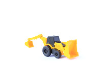 The Yellow Toy Car Bulldozer-Excavator Isolated On White Background. Children's Backhoe Toy Model.