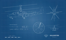 Outline Blueprint Of Military Helicopter. Side, Top And Front Views Of Armed Air Vehicle. Industrial Image With External Weapon. War Copter