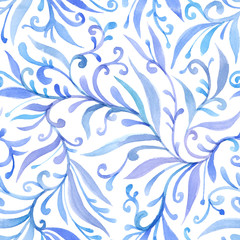 Watercolor blue green seamless pattern on a white background, curls, flowing lines, elegant print. Design for wallpaper, fabric, textile, packaging, wedding design. Vintage art, folk painting.