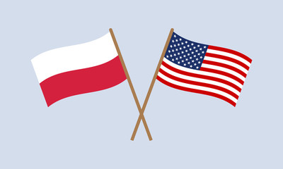 Wall Mural - Poland and USA crossed flags on stick. Polish and American national symbols. Vector illustration.