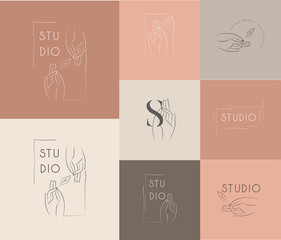 Wall Mural - logo design template in trendy linear minimal style. vector abstract hands. abstract symbol for orga