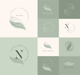 Wall Mural - logo design template in trendy linear minimal style. vector abstract hands. abstract symbol for orga
