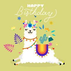 Cute llama alpaca with colorful spring flowers. Llama character illustration for nursery design, poster, greeting, birthday card, baby shower design and party decor