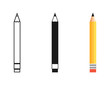 Pencil in different designs. Pencil with Rubber eraser, isolated on White background. Pencil with rubber eraser in modern simple flat design. Pencils vector icons. Vector