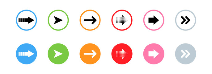 Wall Mural - black and white arrows in colorful circles. arrows isolated on white background. arrow icons. arrows