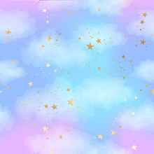 Seamless Bright Blue And Lilac Sky Pattern With Gold Constellations, Stars And Watercolor Clouds