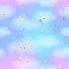 Wall Mural - seamless bright blue and lilac sky pattern with gold constellations, stars and watercolor clouds