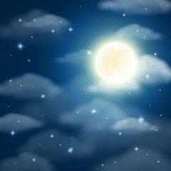 Wall Mural - night background with moon, stars and clouds on dark blue sky