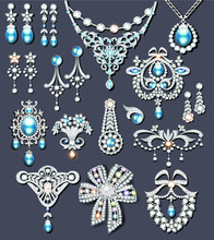 Illustration Set Of Jewelry Made Of Silver And Precious Stones Brooch, Earrings, Necklace, Pendants
