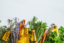 Essential Oil In Glass Bottles. Thyme, Mint, Rosemary And Lavender Essential Oils, Top View, Copy Space.