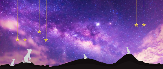 panorama blue night sky milky way and star on dark background.universe nebula and galaxy with noise 