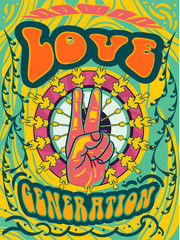 Wall Mural - bright psychedelic love generation cover design with hand giving the peace sign and colorful text on