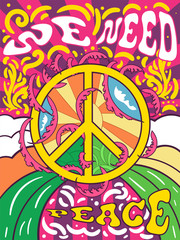 Wall Mural - vibrant colorful we need peace design in retro hippie style with peace symbol and text over abstract