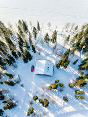 Wall Mural - Aerial view of wooden log cabin in snow  winter forest by the lake in rural Finland