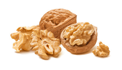 Wall Mural - walnut nuts, shelled and in shell, isolated on white background