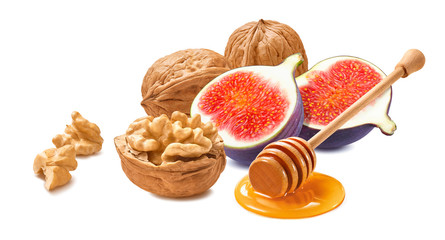 Wall Mural - walnuts, fig and honey dip isolated on white background