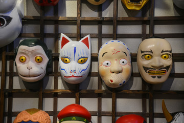 Wall Mural - Japanese Kabuki Wooden Masks. Kabuki is a classical Japanese dance-drama.