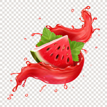 Watermelon In Red Fresh Juice Splah Realistic Illustration