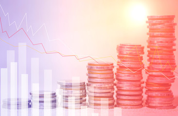 Financial investment concept, Double exposure of city night and stack of coins for finance investor, Forex trading candlestick chart economic , ECN Digital economy, business, Poke lights.