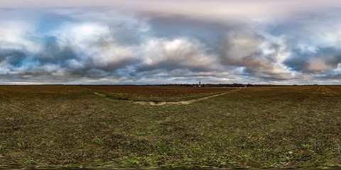 Wall Mural - full seamless spherical hdri panorama 360 degrees angle view among fields in autumn overcast evening  in equirectangular projection with zenith and nadir, ready for VR virtual reality