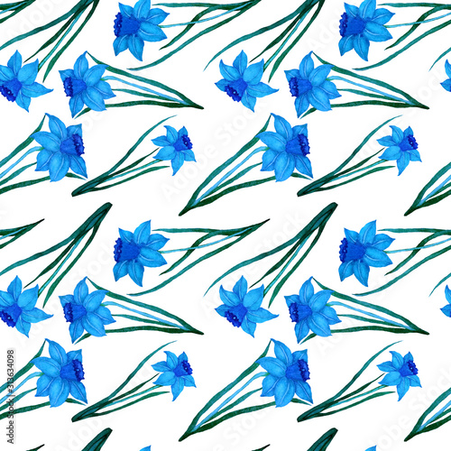 Watercolor seamless pattern with spring flowers: tulips, daffodils, lilac, mi...