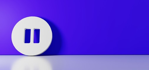 Wall Mural - 3d rendering of white symbol of pause circle icon leaning on color wall with floor reflection with e