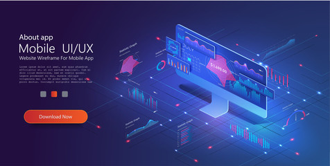 Poster - Application of PC with business graph and analytics data on isometric PC . Analysis trends and financial strategy by using infographic chart. Online statistics and data Analytics. Vector