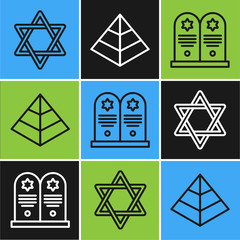 Wall Mural - Set line Star of David, Tombstone with star of david and Egypt pyramids icon. Vector