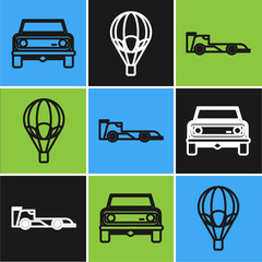 Sticker - Set line Off road car, Formula race car and Hot air balloon icon. Vector