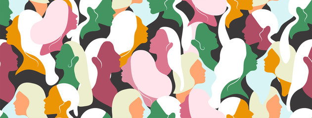 Powerful woman movement face character . Flat design style vector illustration set of diverse women faces with white hairs. Vector templates for banner, card, poster, flyer and other users