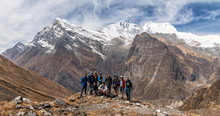 Trekking Group At Tsaurabong Peak, Italian Base Camp, Dhaulagiri Circuit Trek, Himalaya, Nepal