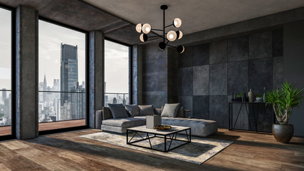 modern interior of a living room. penthouse loft with dark stone walls (3d rendering)