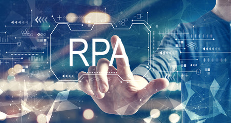 robotic process automation concept with a man on blurred city background