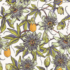 Wall Mural - Vintage floral natural seamless pattern. Passiflora greeting card, flowers, leaves