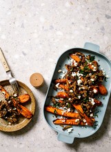 Roasted Vegetables With Crumbled Cheese Served In Tray