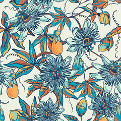 Vintage blue floral natural seamless pattern. Passiflora texture