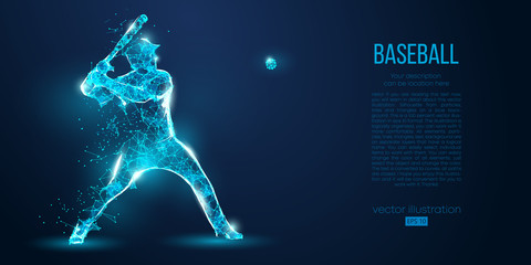 Abstract baseball player from particles, lines and triangles on blue background. All elements on a separate layers, color can be changed to any other. Low poly neon wire outline geometric. Vector