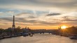 Paris France time lapse 4K, city skyline sunset timelapse at Seine River with Pont Alexandre III bridge and Eiffel Tower